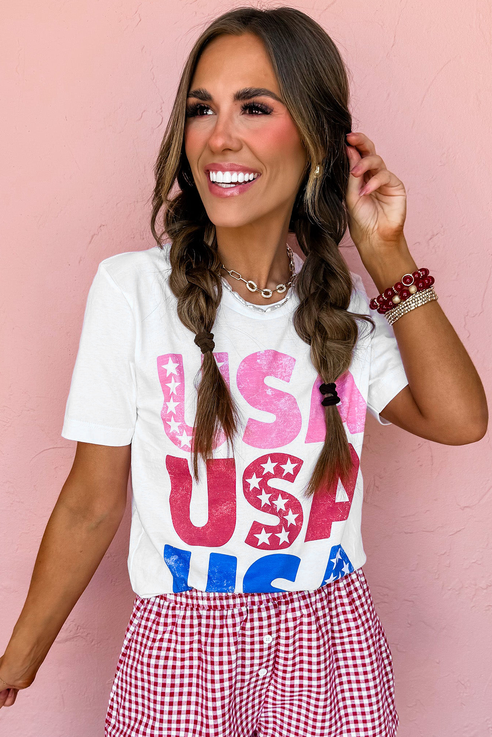 Casual Round Neck Graphic Tee with Cuffed Sleeves - USA Letter Design - Detail View 6