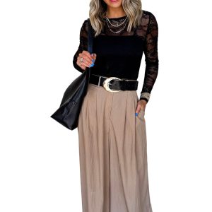 Women's Black Lace Crochet Mesh Patched Slim Fit Long Sleeve Top - Main View
