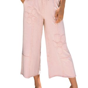 Women's Pink Flower Patch Mineral Washed Terry Knit Cropped Wide Leg Pants - Main View