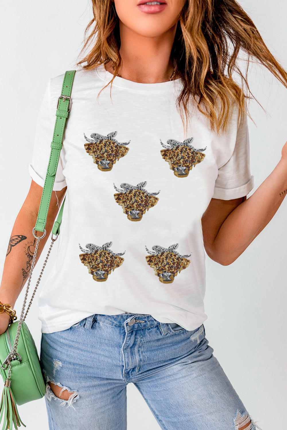 Stylish White Graphic Tee with Bow Heifer Design - Perfect for Summer - Detail View 6