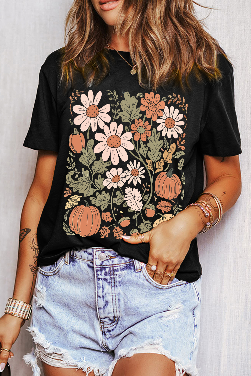 Women's Black Wild Flower Pumpkin Graphic T-Shirt for Fall - Detail View 9