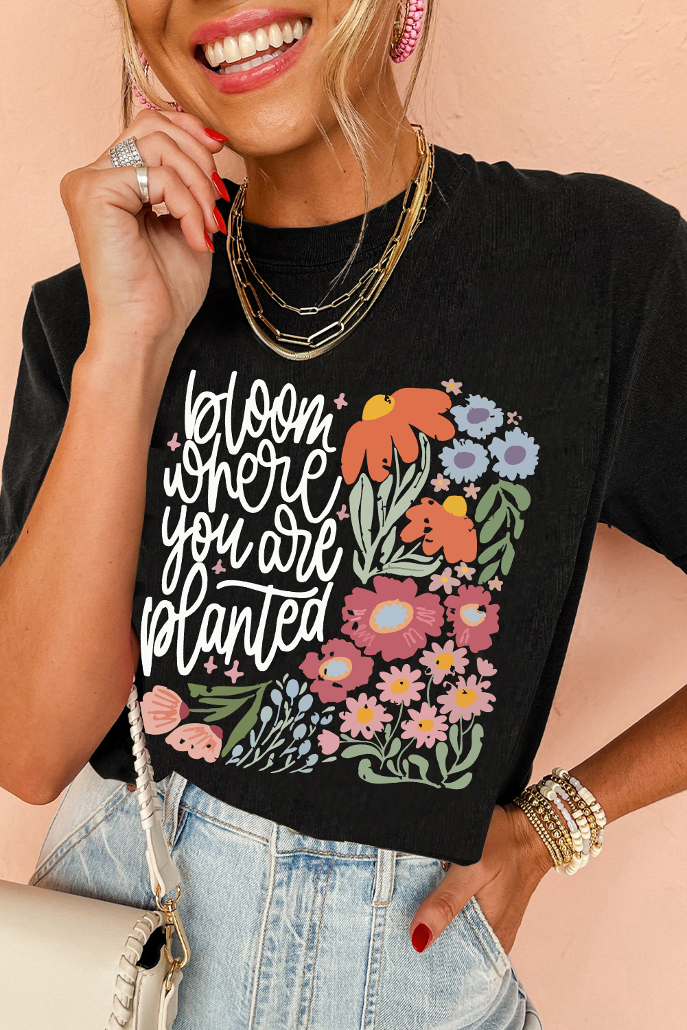 Stylish Black Casual Tee with Vibrant Floral Design and Positive Message - Detail View 2