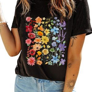 Women's Black Floral Print Cotton Blend Casual Tee - Relaxed Fit - Main View