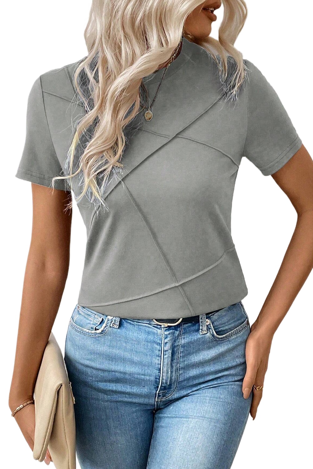 Women's Medium Grey Solid Color Toothpick Stripe Round Neck T-Shirt - Main View