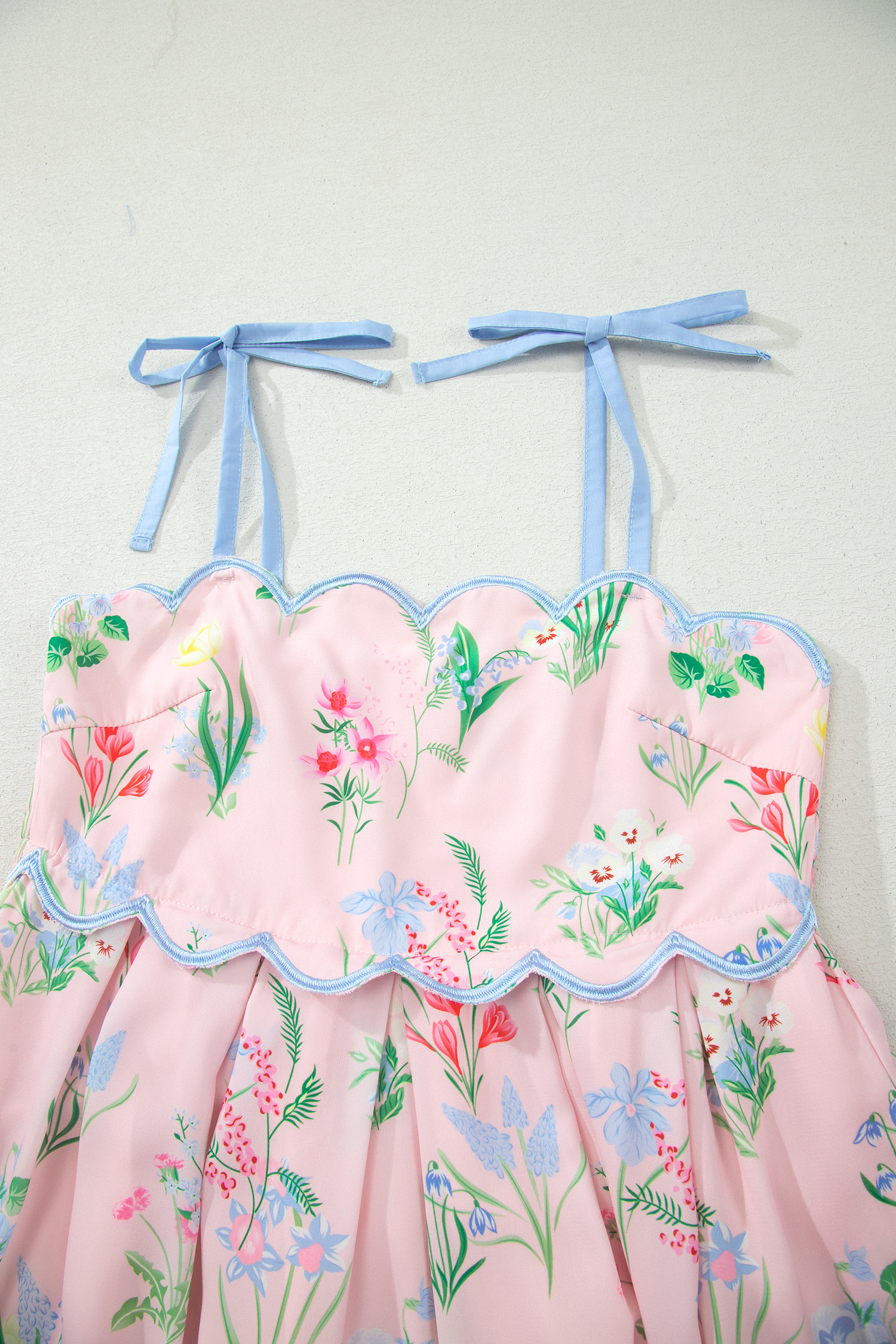 Floral Print A-Line Dress for Women – Elegant Pink Wedding Guest Dress with Self-Tie Straps - Detail View 17