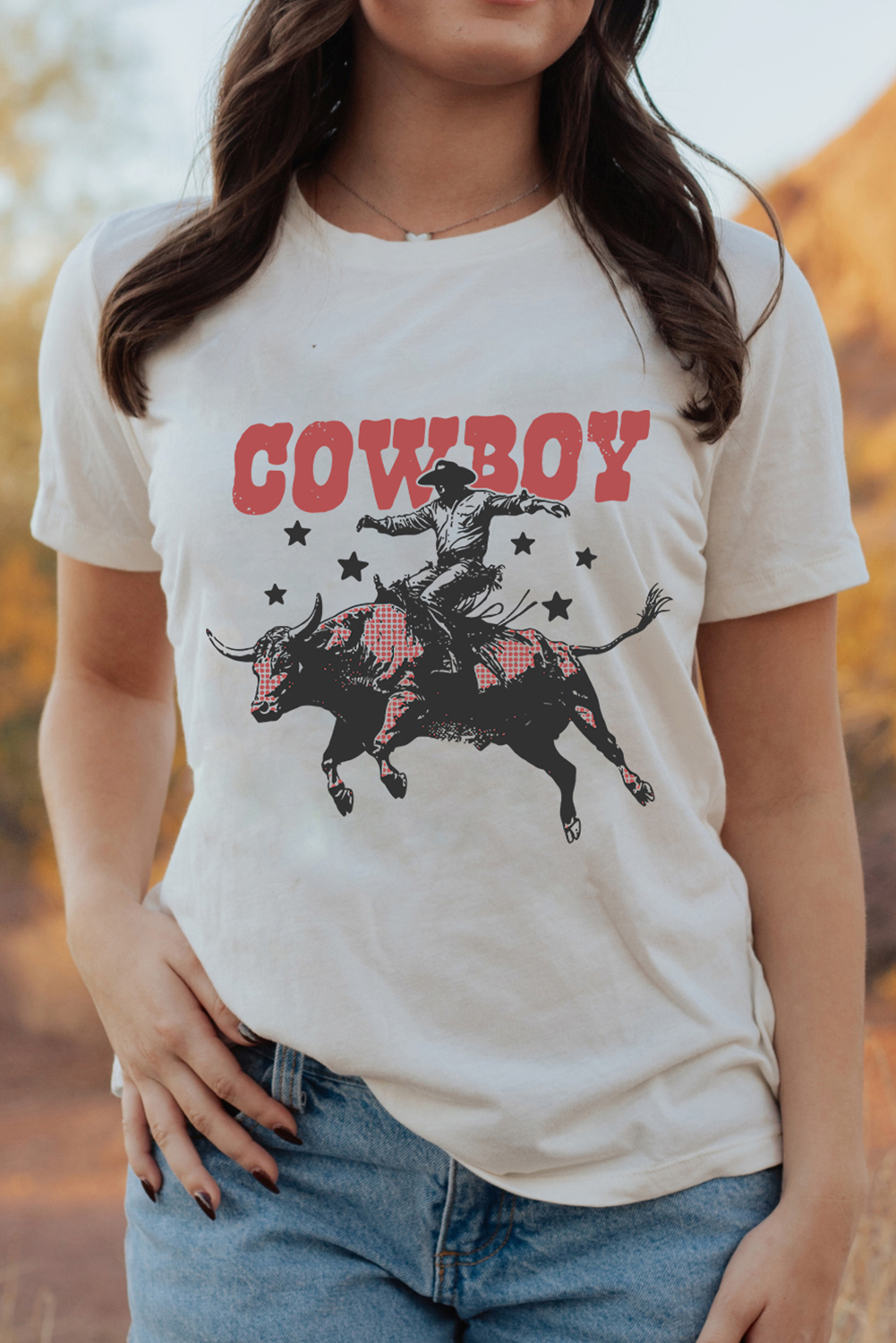 Casual Short Sleeve Graphic T-Shirt with Cowboy and Star Print - Perfect for Summer - Detail View 2