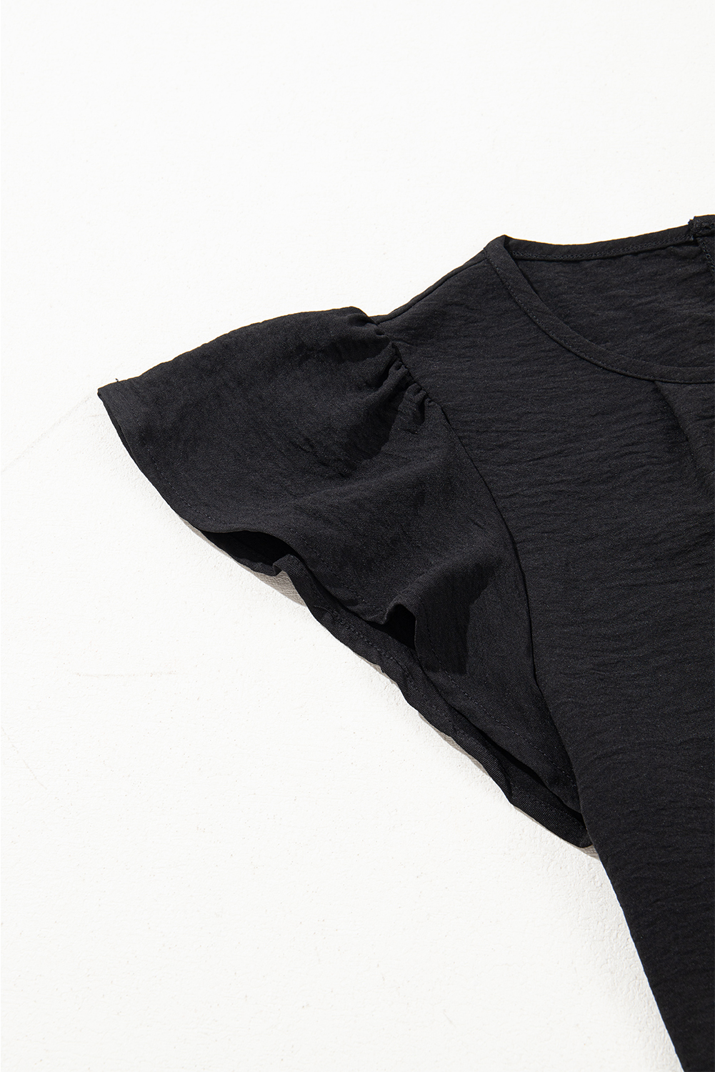 Women's Black Flounce Sleeve Pleated Textured Blouse for Summer - Detail View 13