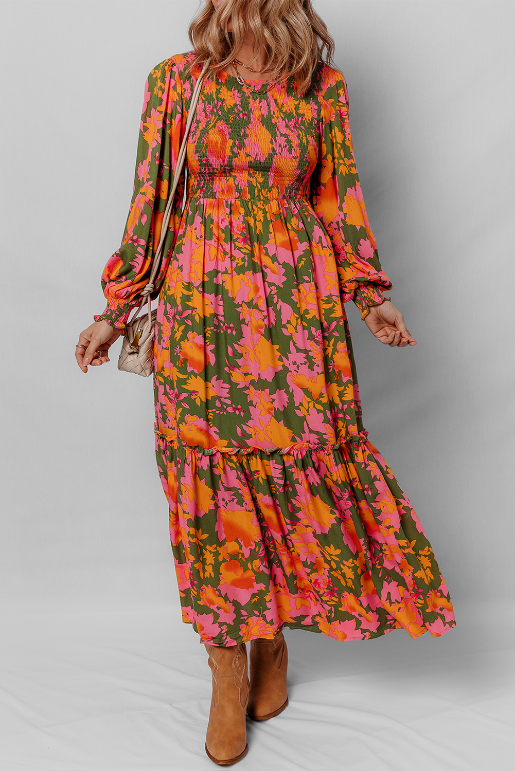 Casual Bohemian Style Smocked Bodice Dress - Flowy, Comfortable, and Perfect for Daily Wear - Detail View 7