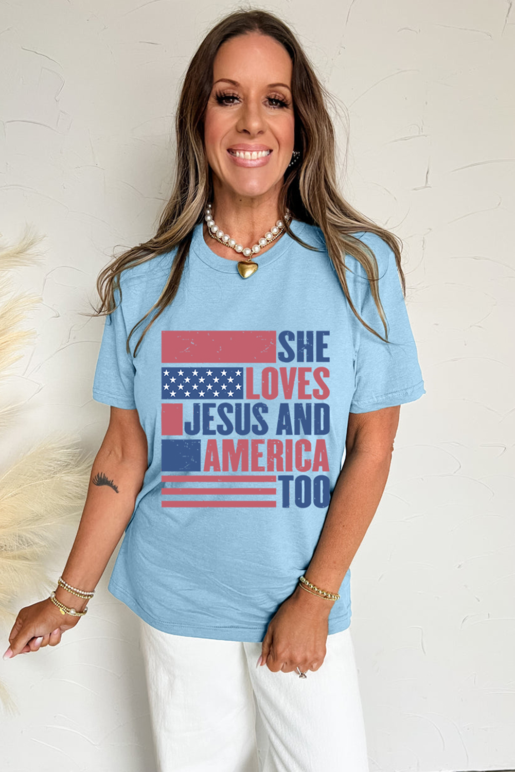 Patriotic Casual Tee: Light Blue Graphic Shirt with Jesus and American Flag Design - Detail View 6