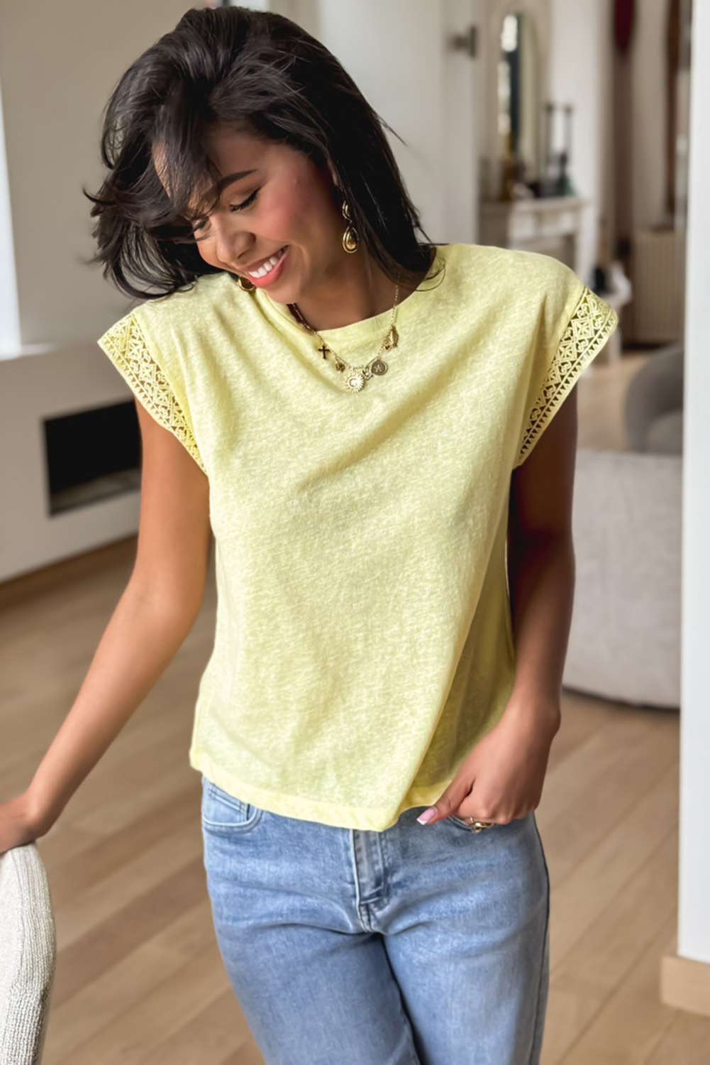 Women's Yellow Cream Lace Patchwork Cap Sleeve Round Neck T-Shirt for Casual Wear - Detail View 5