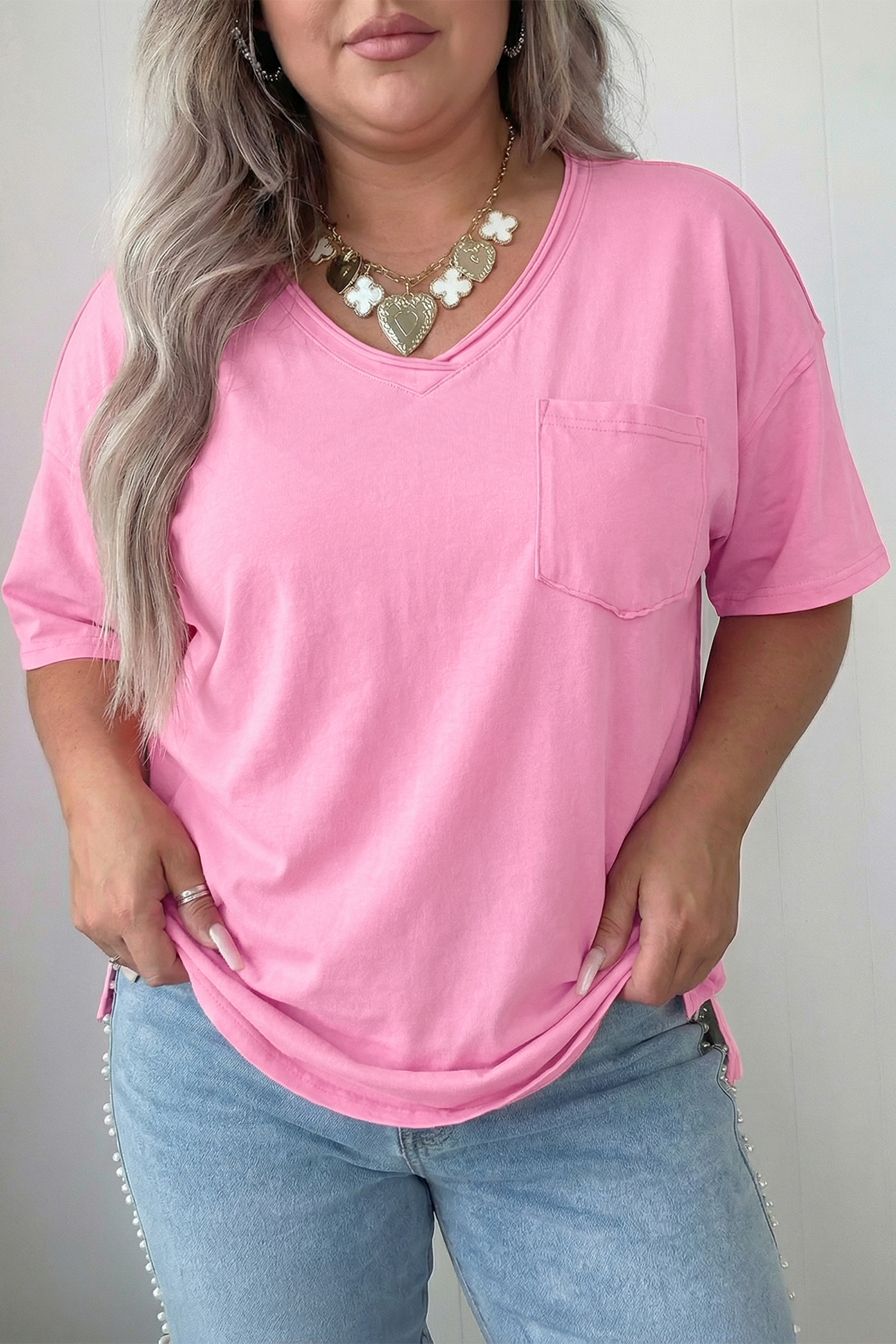 Sachet Pink Plus Size Cotton V-Neck T-Shirt for Women – Soft Short Sleeve Washed Tee, Ideal Summer Gift - Detail View 11