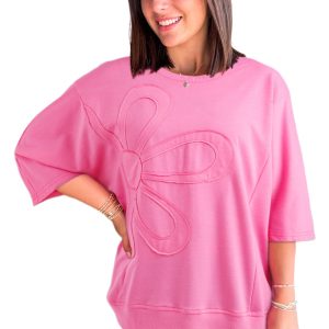 Women's Sachet Pink Floral Patched Half Sleeve Tunic Top - Casual and Chic - Main View
