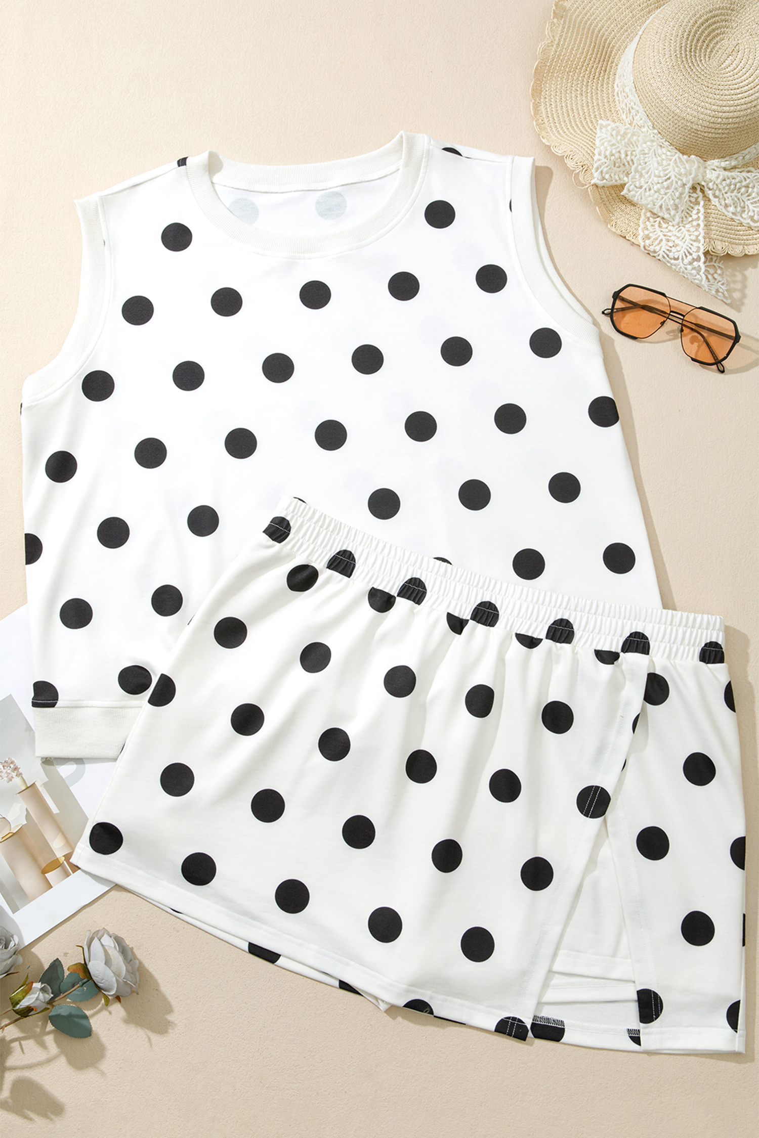 Women's Plus Size Polka Dot 2-Piece Outfit – Casual Round Neck Tank and Split Skort Set for Summer - Detail View 7