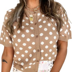Women's Polka Dot Short Sleeve Cardigan – Dark Khaki Button Down Sweater for Casual Daily Wear - Main View