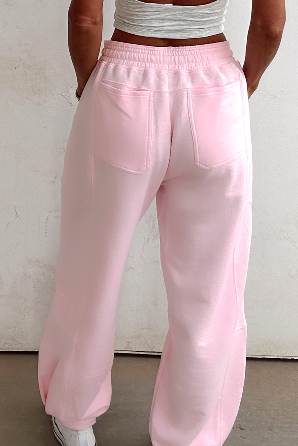 Stylish and Comfortable High Waist Jogger Pants - Light Pink with Trendy Patchwork - Detail View 2