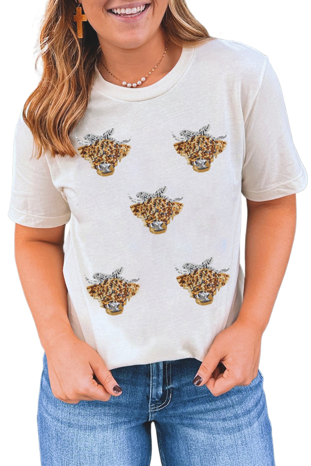 Women's Cute White Western Bow Heifer Graphic Casual T-Shirt - Main View