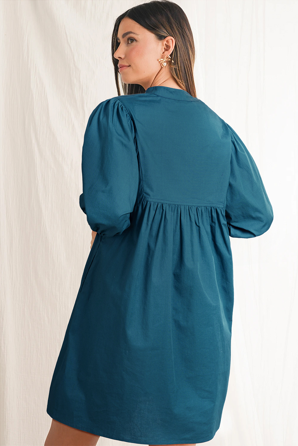 Chic and Playful Blue Sapphire Mini Dress with Contrast Trim and Puff Sleeves - Detail View 2