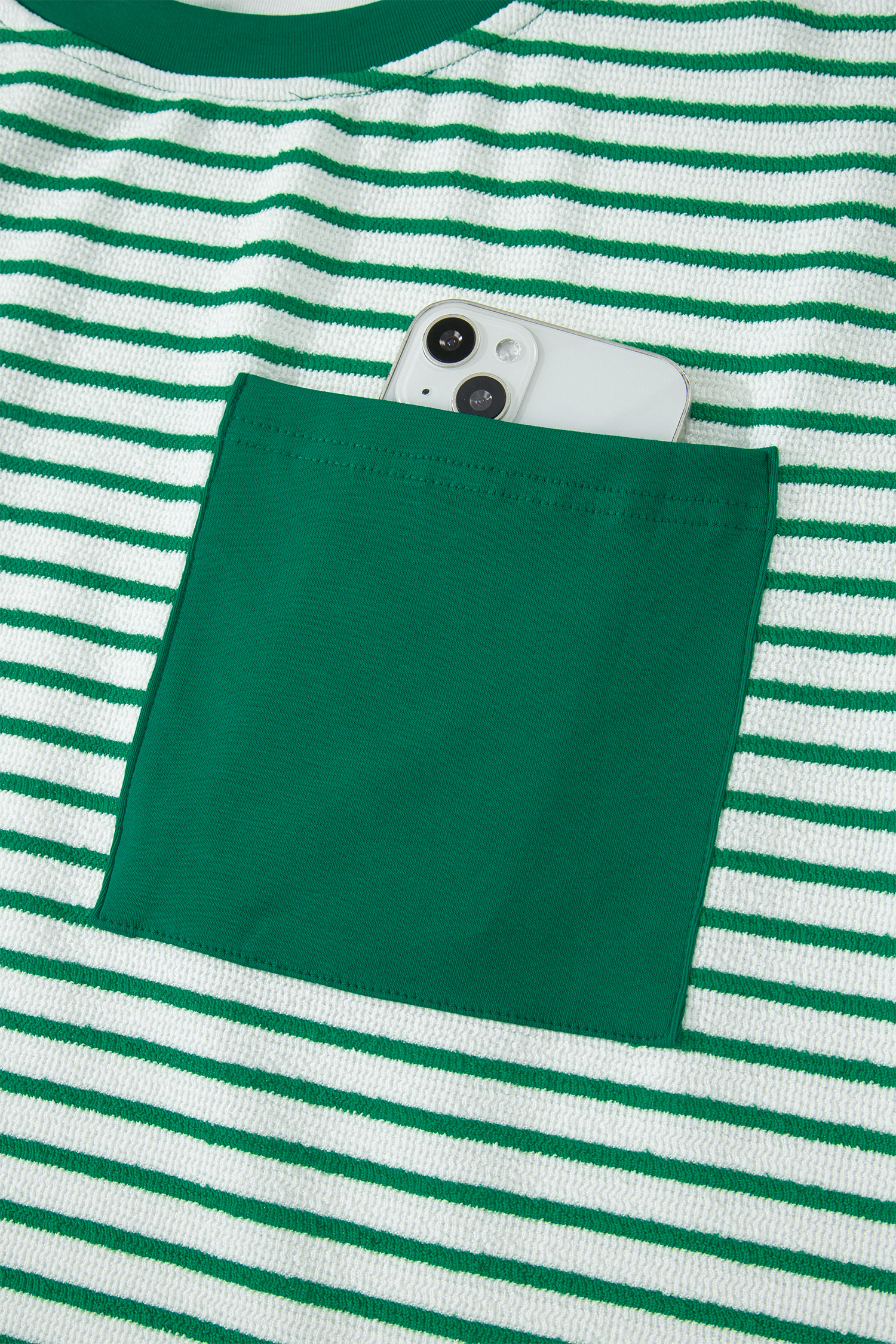 Summer Two-Piece Outfit for Women – Green Striped Crew Neck Top & Patchwork Pocket Pants - Detail View 14