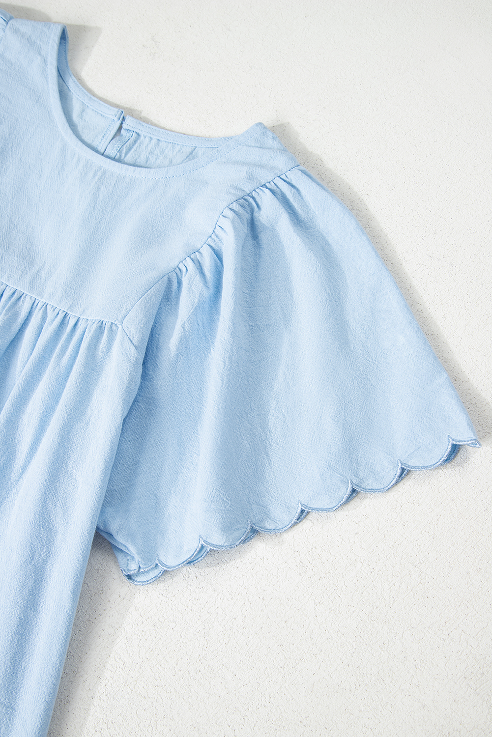 Elegant Crew Neck Blouse for Women - Intricate Embroidery and Scalloped Short Sleeves - Detail View 10