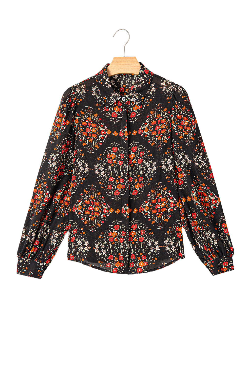 Women's Black Floral Puff Sleeve Shirt - Aesthetic Fairy Style Blouse - Detail View 13