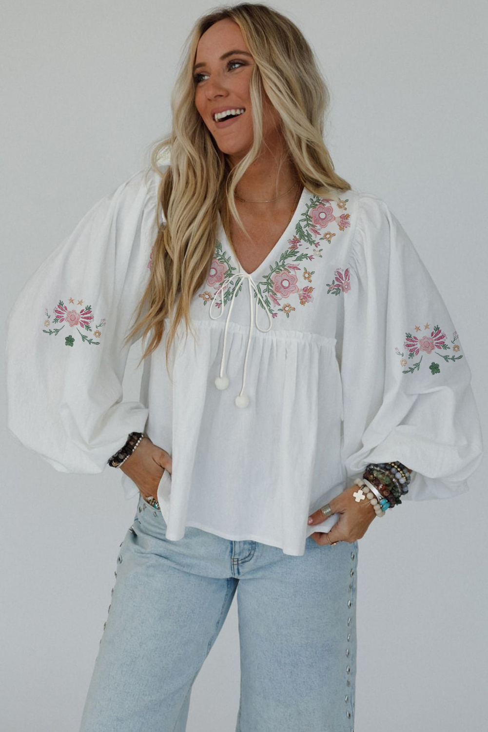 Casual Long Sleeve V Neck Blouse - Feminine Floral Design for Daily Wear - Detail View 3