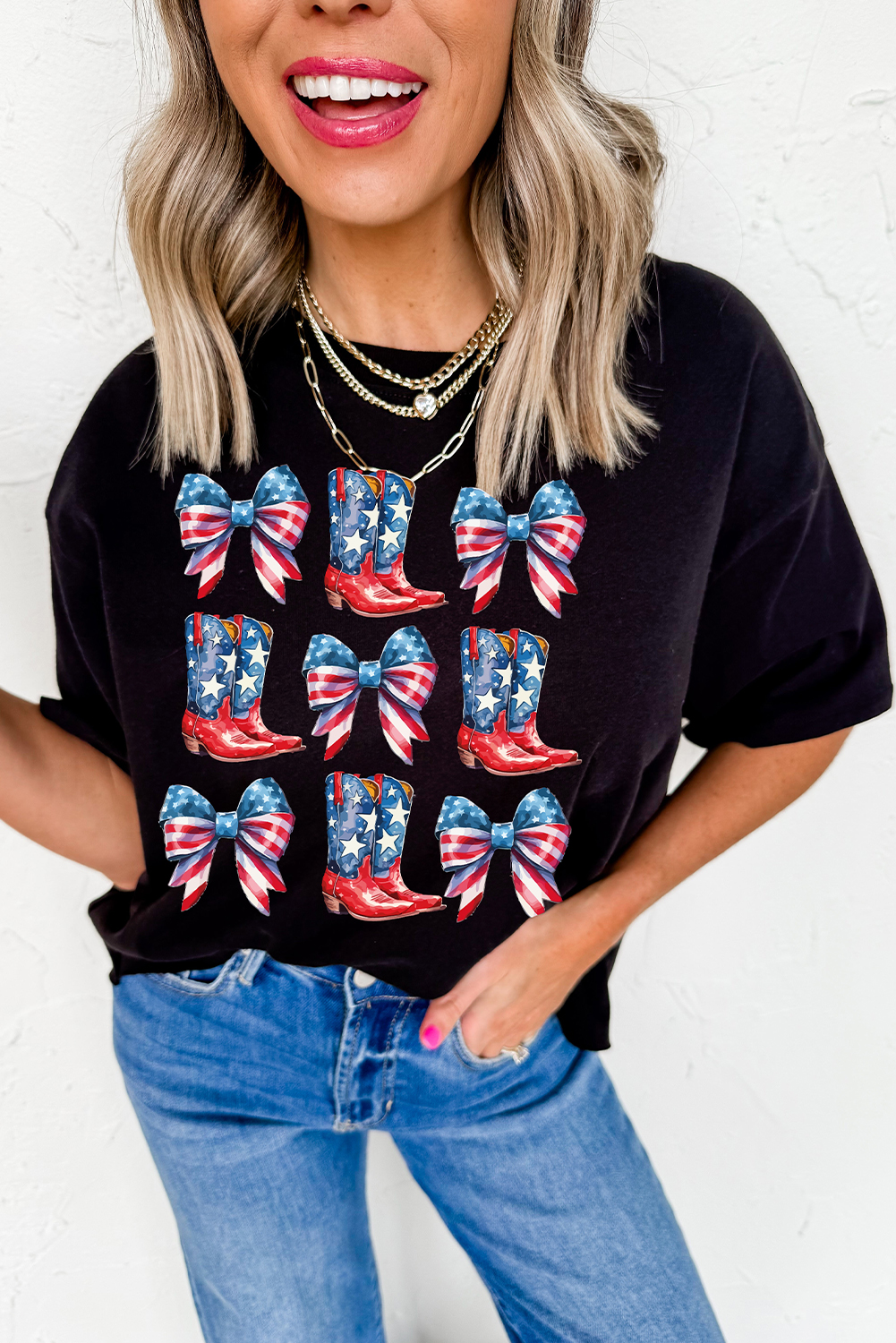 Casual Black Tee for Women - Summer Stars and Stripes Design - Detail View 3