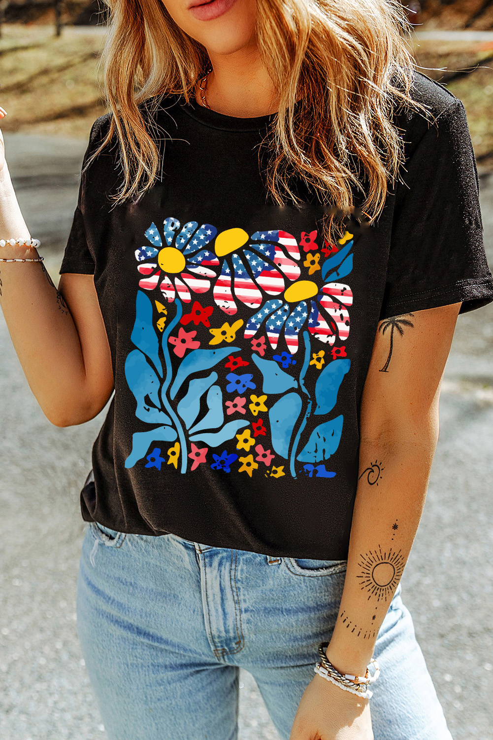 Women's Graphic T-Shirt, Black Tee, USA Flag, Flower Graphic, Drop Shoulder, Casual Style, Comfortable Fit, Summer Wear, Daily Wear, Relaxed Silhouette, Patriotic Apparel, Trendy Design, Soft Materials, Short Sleeve, Round Neck - Detail View 8