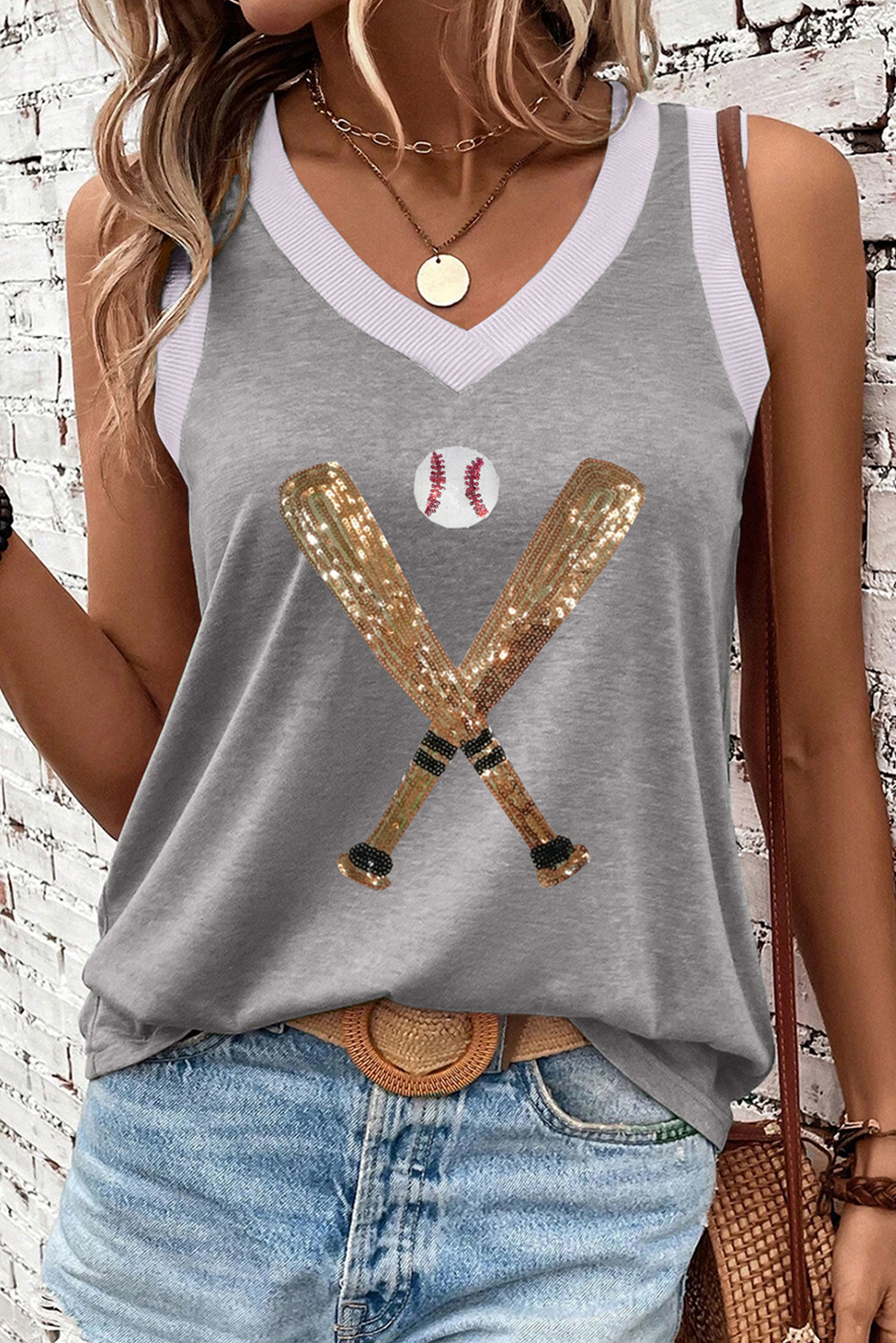 Women's Gray Sequined Baseball Bat Graphic Casual Tank Top - Summer V Neck - Detail View 5