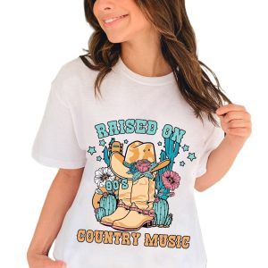 Women's White RAISED ON COUNTRY MUSIC Western Graphic Tee - 90's Retro Style - Main View