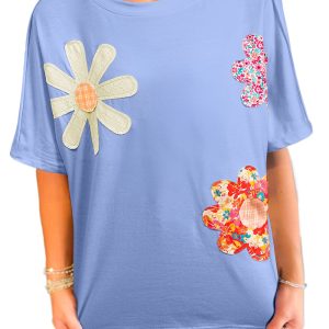 Women's Sky Blue Floral Patched Crew Neck Loose Tee with Exposed Stitching - Main View