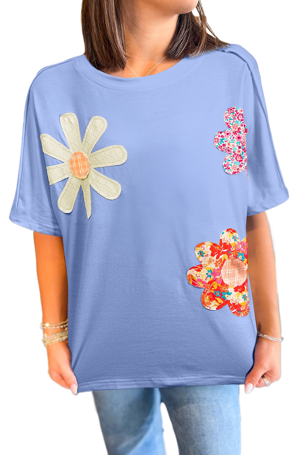 Women's Sky Blue Floral Patched Crew Neck Loose Tee with Exposed Stitching - Main View