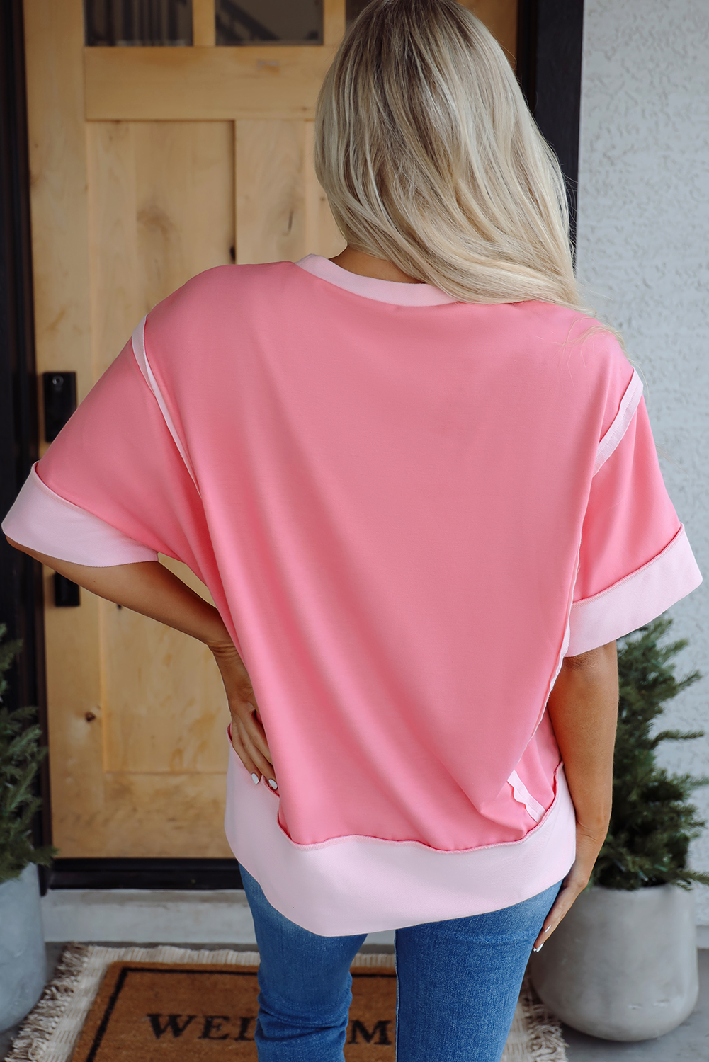 Trendy Loose Fit Peach Blossom Letter Graphic T-Shirt for Game Day - Detail View 6