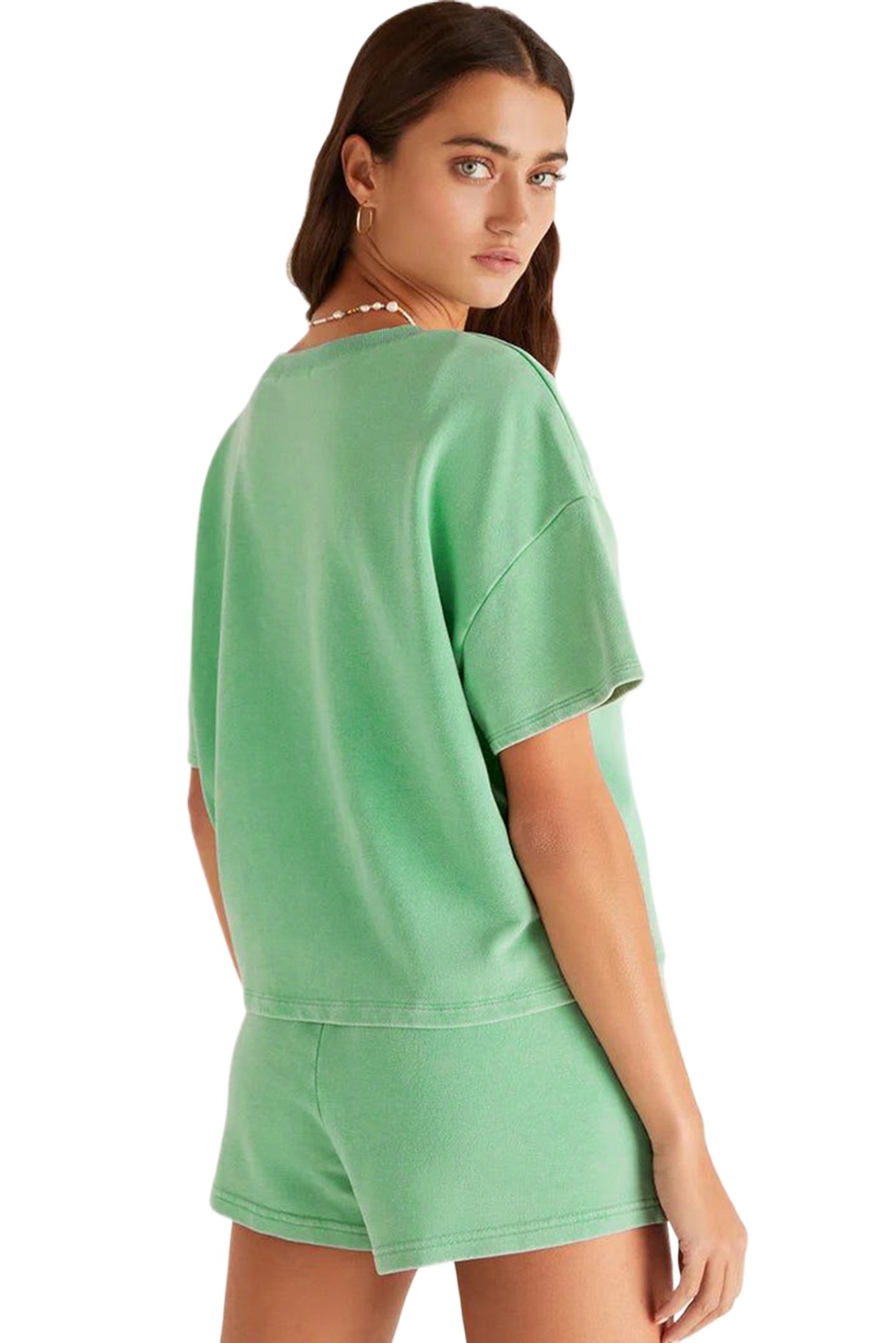 Mint Green Plus Size V Neck Tee and Patched Pocket Drawstring Shorts Set - Main View