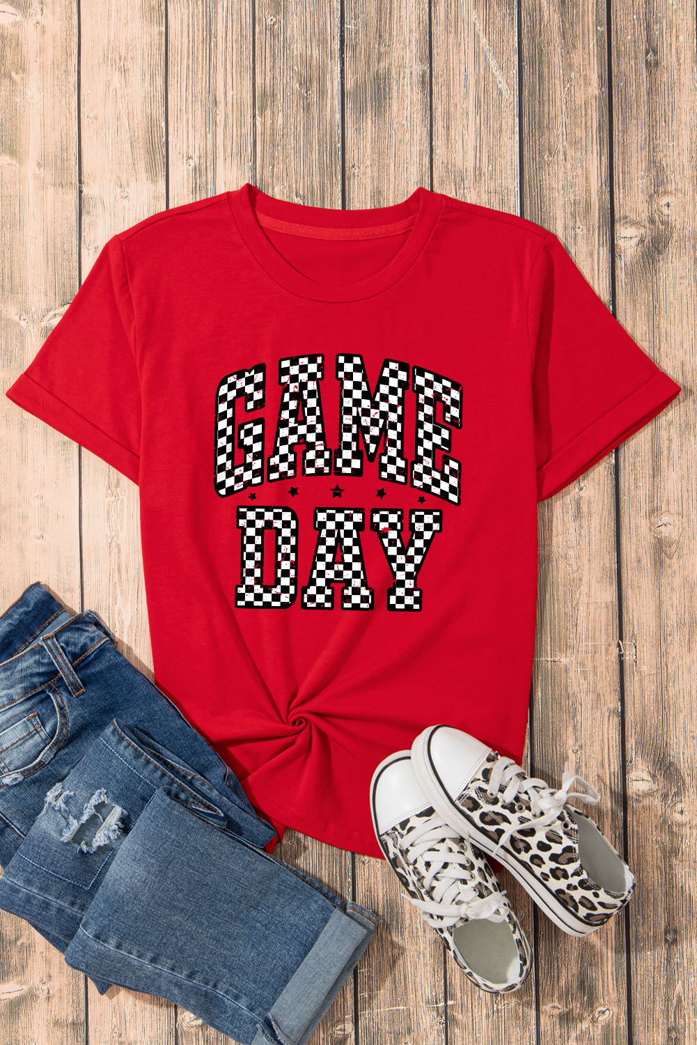 Women's T-Shirt, Red Checkered, Game Day Tee, Graphic Tee, Casual Wear, School Spirit, Relaxed Fit, Summer Style, Lightweight Cotton Blend, Daily Wear, Short Sleeve, Round Neck, Stylish Slogan Tee - Detail View 8