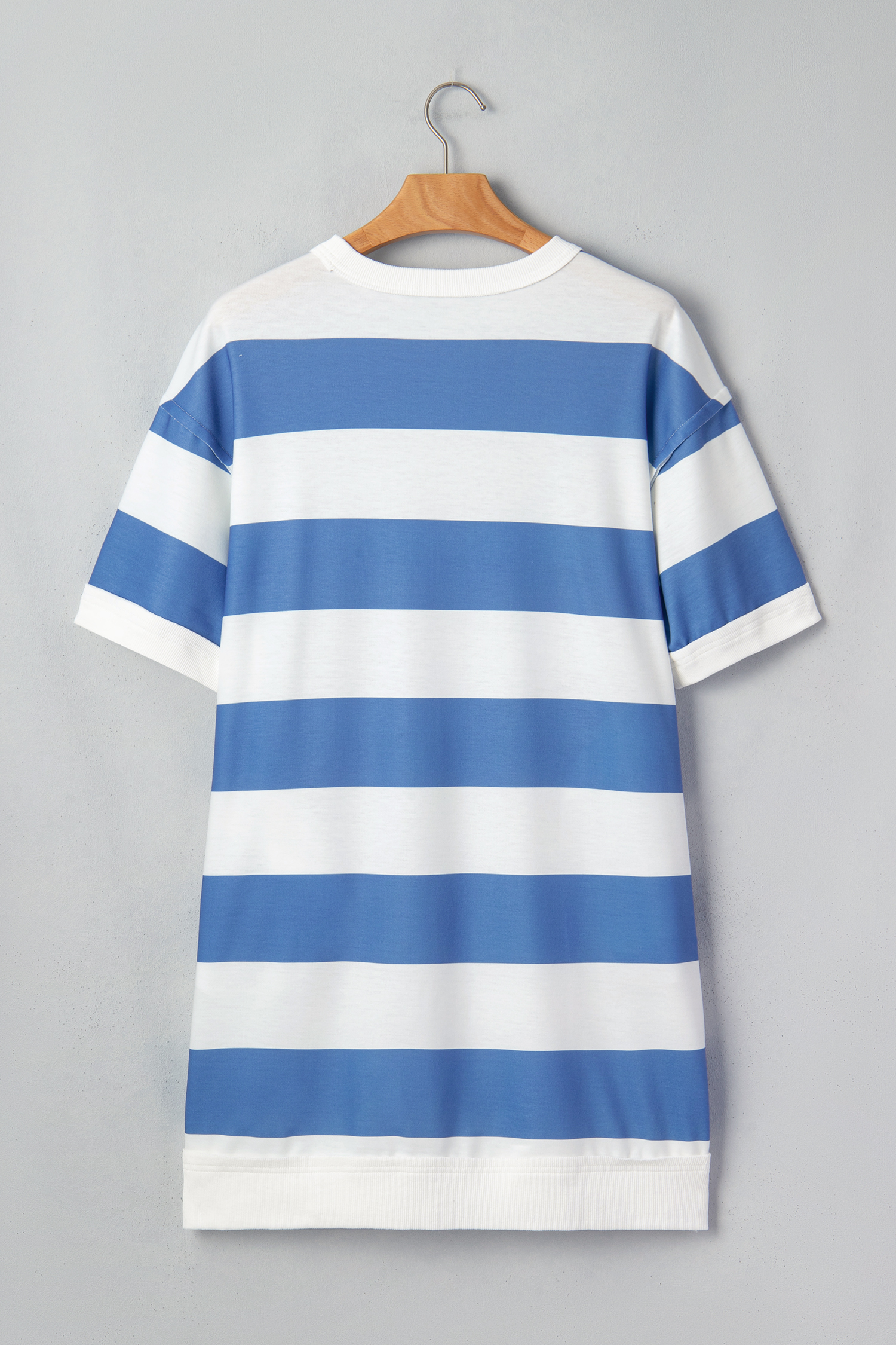 Women's Blue Stripe Tee Dress – Casual Shift Dress with Raw Seam & Shoulder Detail - Detail View 7