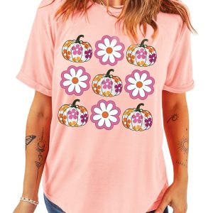 Women's Pink Floral Pumpkin Thanksgiving Graphic T-Shirt - Funny Fall Tee - Main View