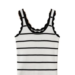 Women's Black Striped Scalloped Edge U Neck Sleeveless Sweater Vest - Main View