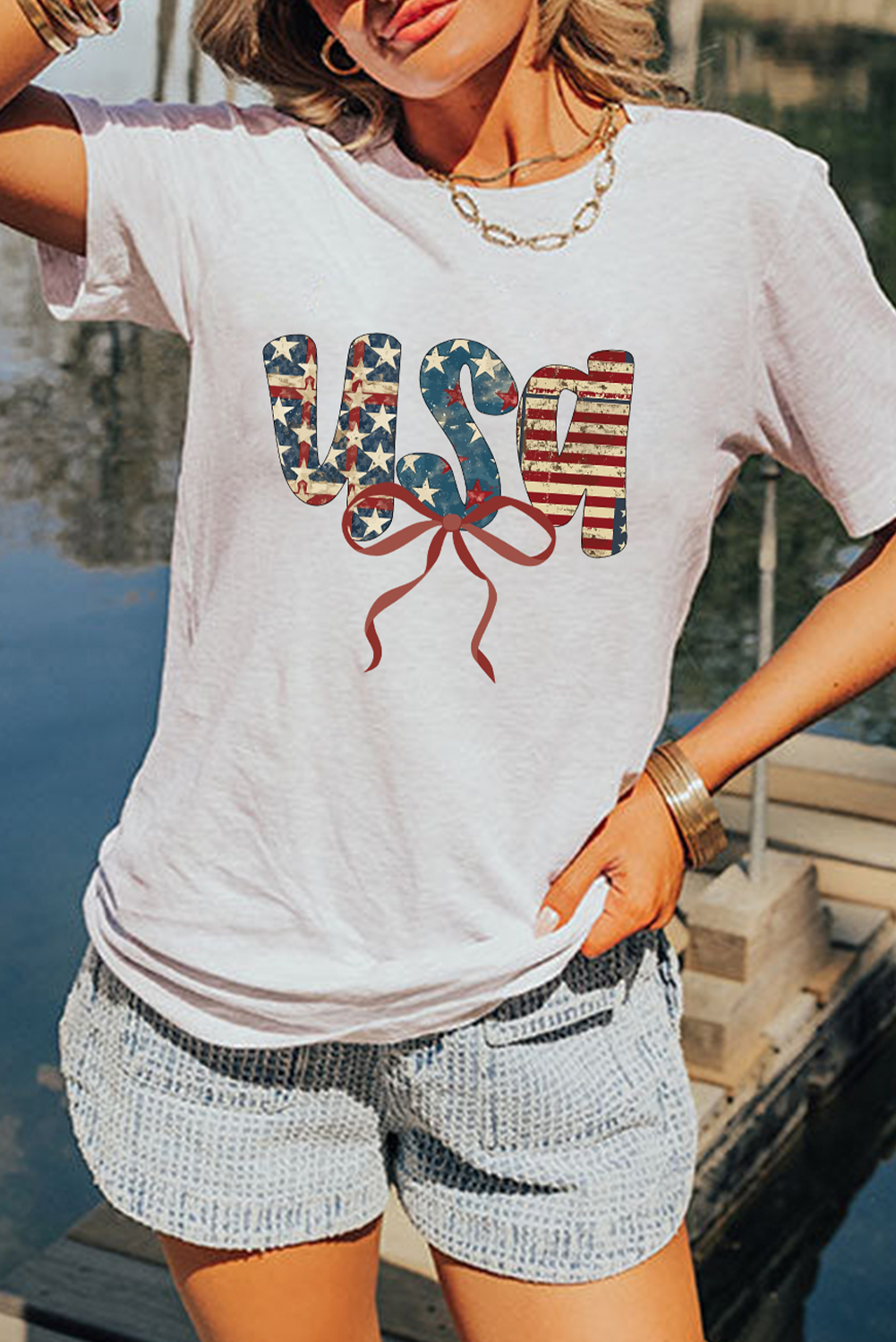 Casual Summer Graphic T-Shirt with USA Flag Design and Bow Detail - Detail View 2