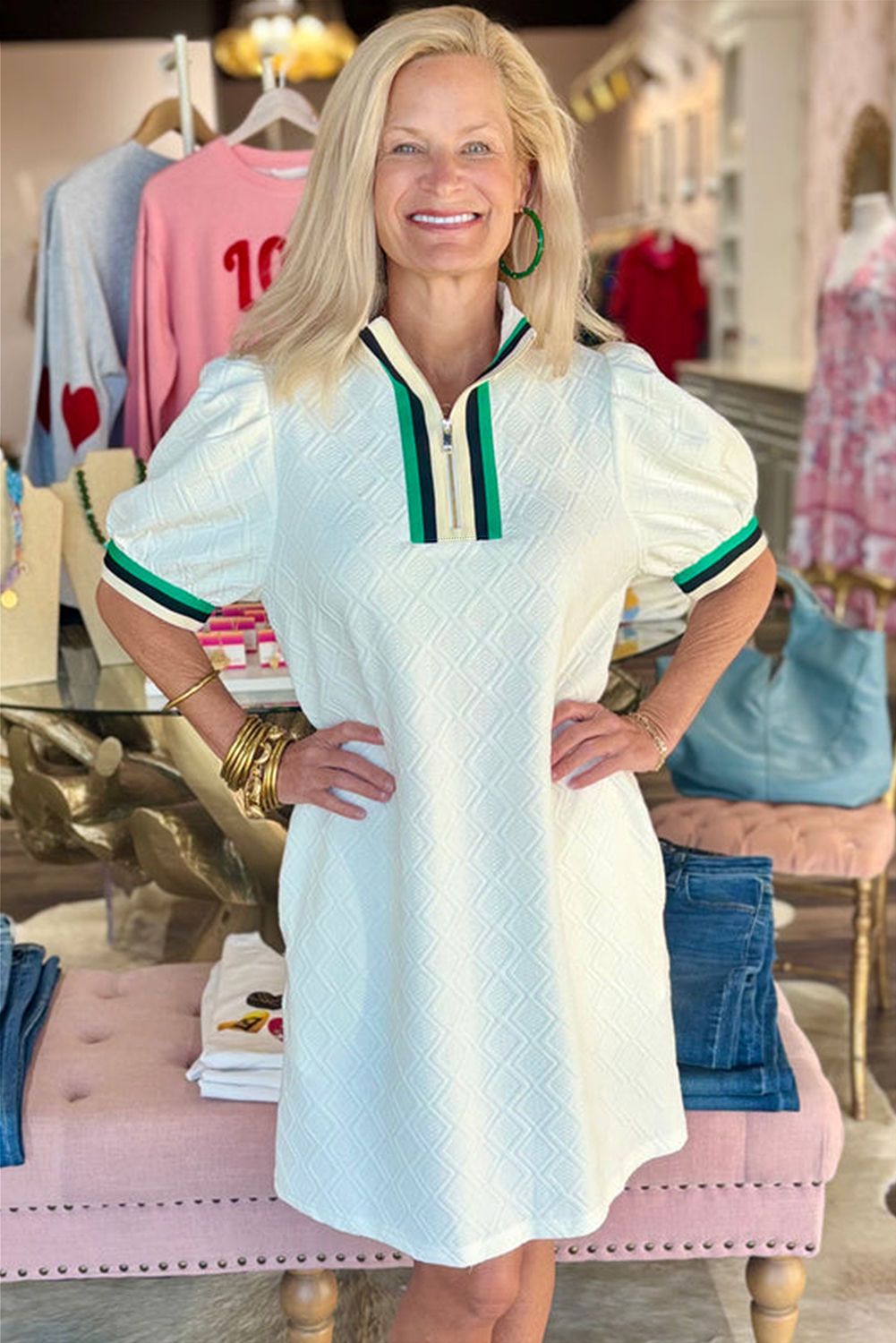 Stylish Shift Fit White Dress - Textured Fabric with Playful Colorblock Accents - Detail View 3