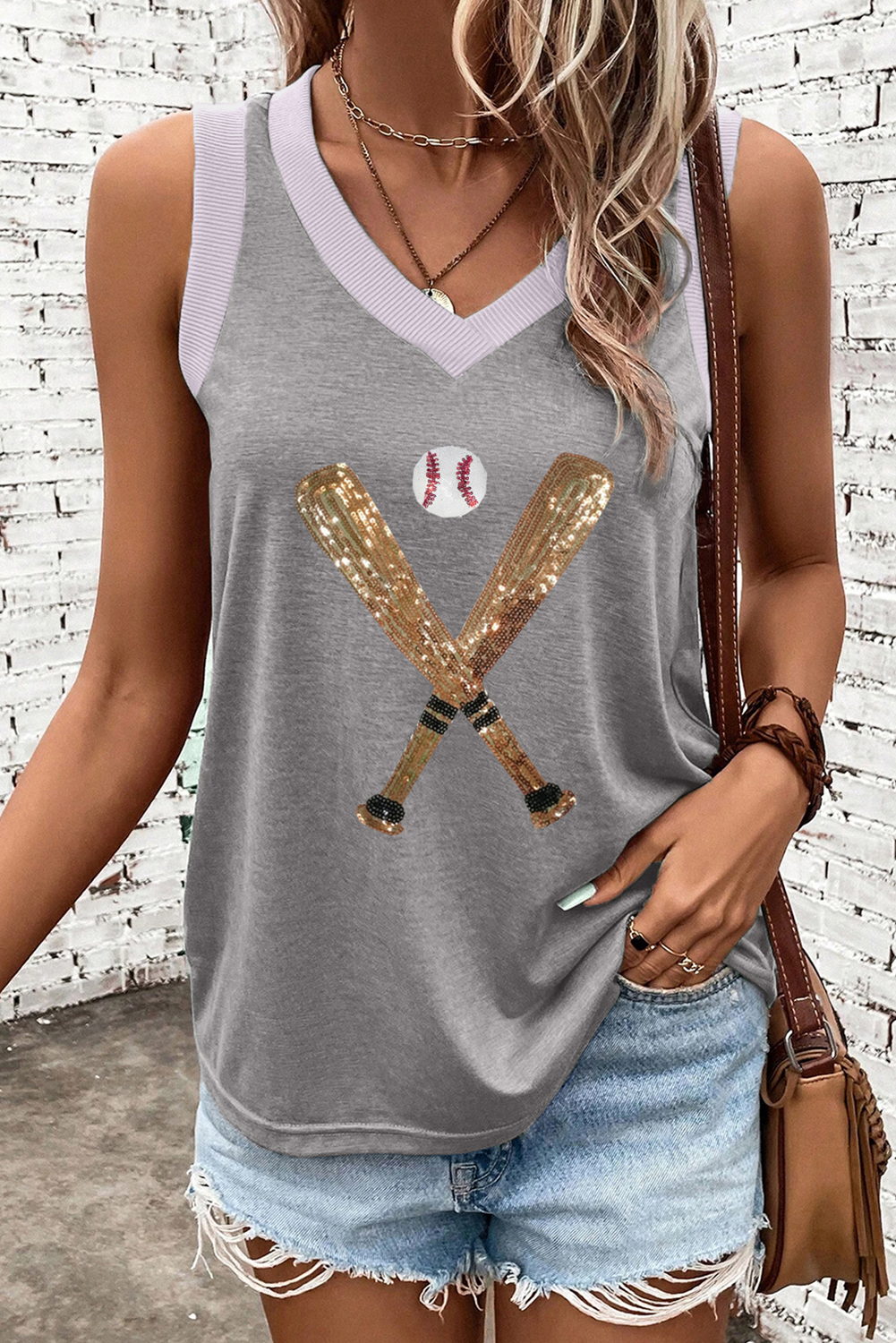 Eye-Catching Gray Sequin Graphic Tank Top with Ribbed Trim for Daily Wear - Detail View 2
