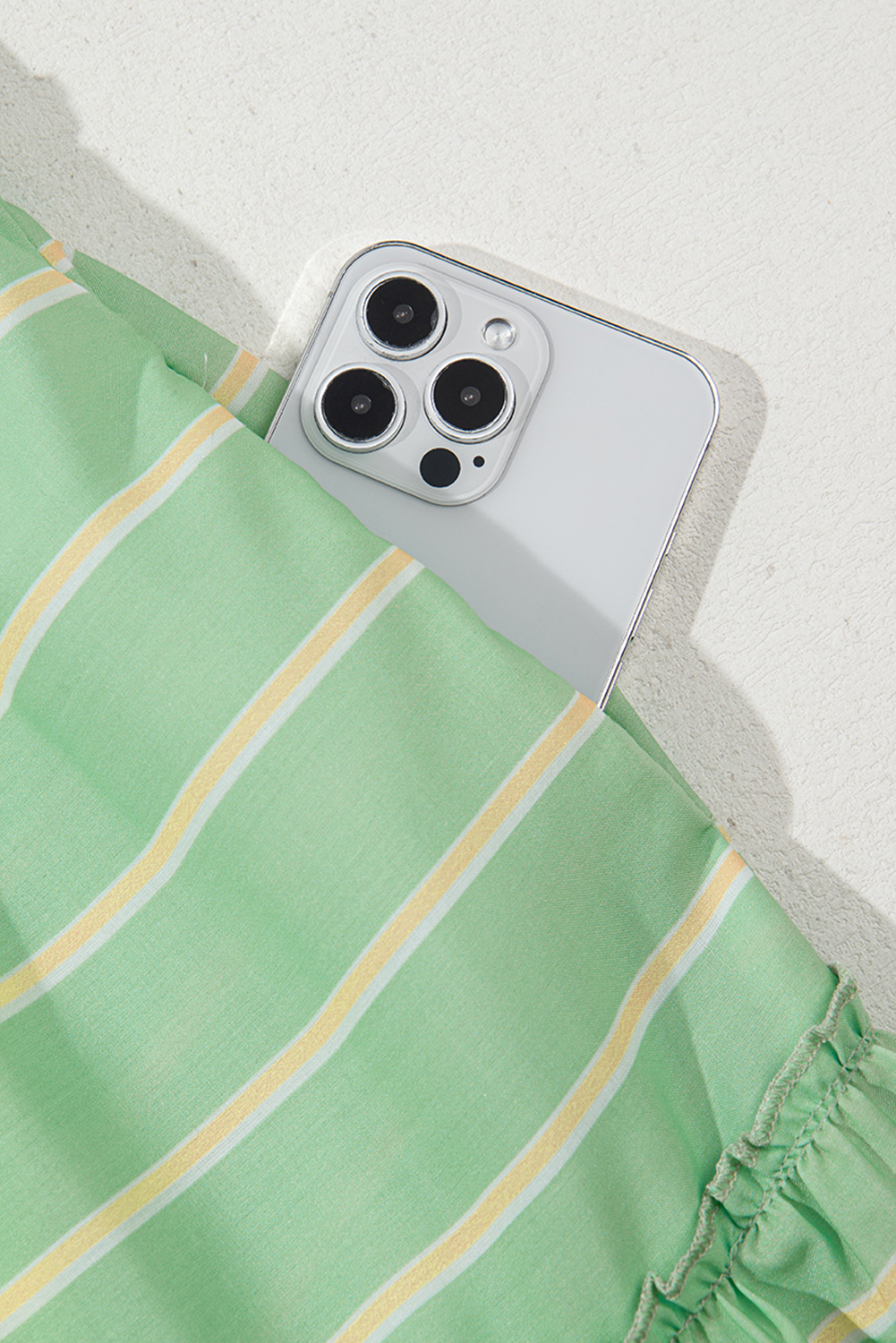 Elegant Summer Mini Dress: Green Striped V Neck with Frill Design - Detail View 10