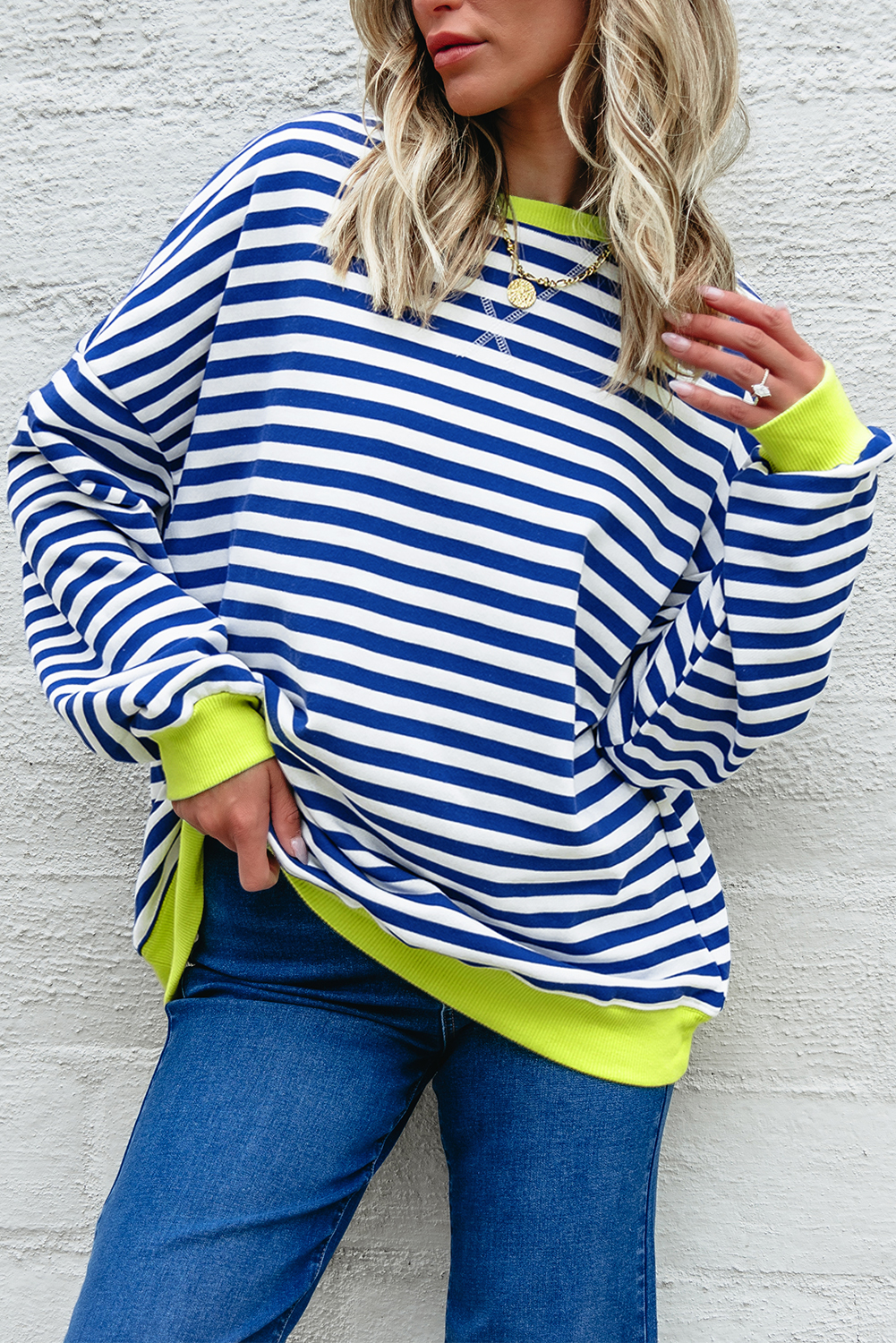Casual Oversized Sweatshirt with Striped Pattern and Ribbed Trim for Fall & Winter - Detail View 2