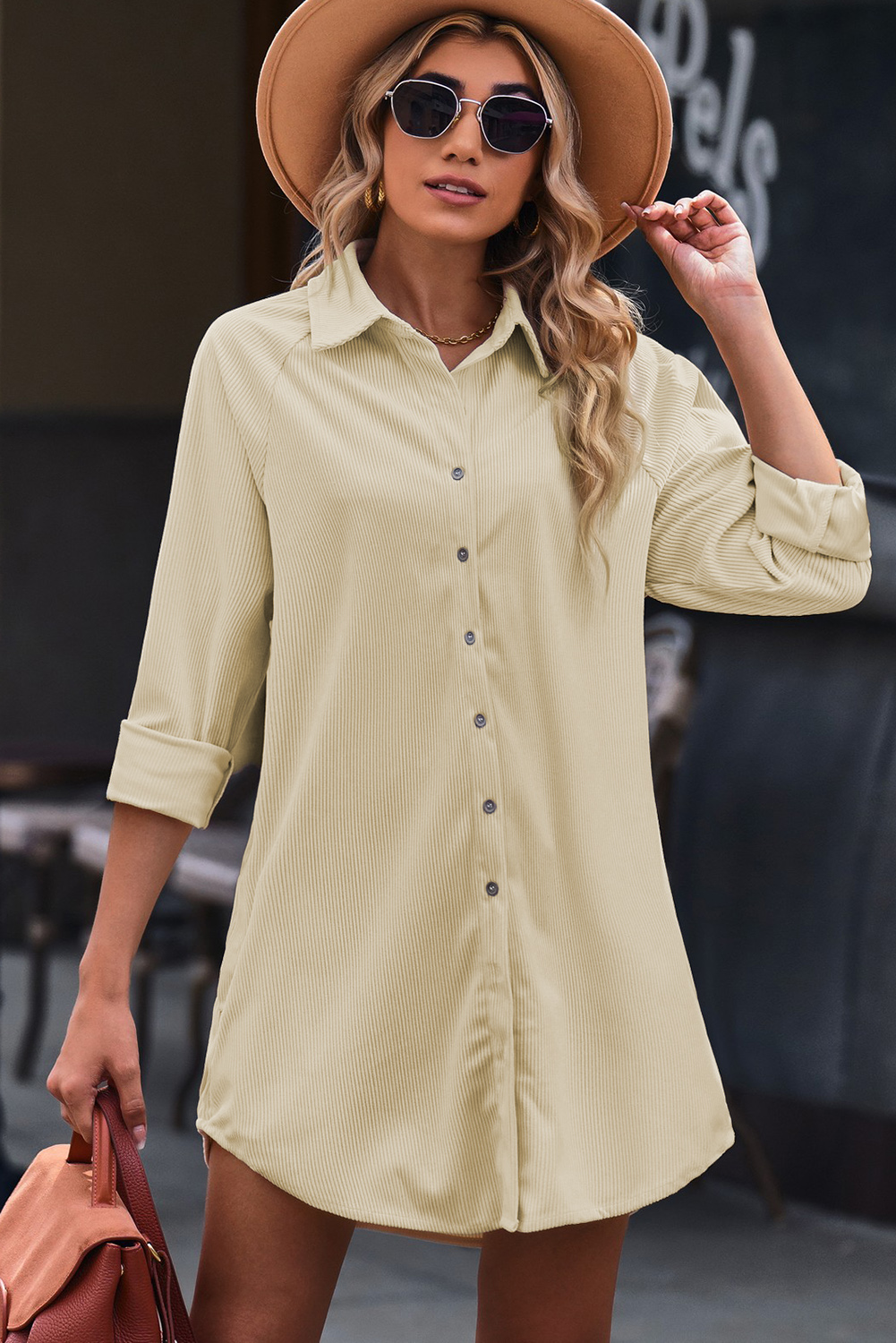 Women's Dress, Beige Corduroy, Long Sleeve, Mini Dress, Shirt Style, Casual, Daily Wear, Fall Fashion, Cozy and Warm, Timeless Design, Oversized Silhouette, Chic Look, Classic Clothing - Detail View 8