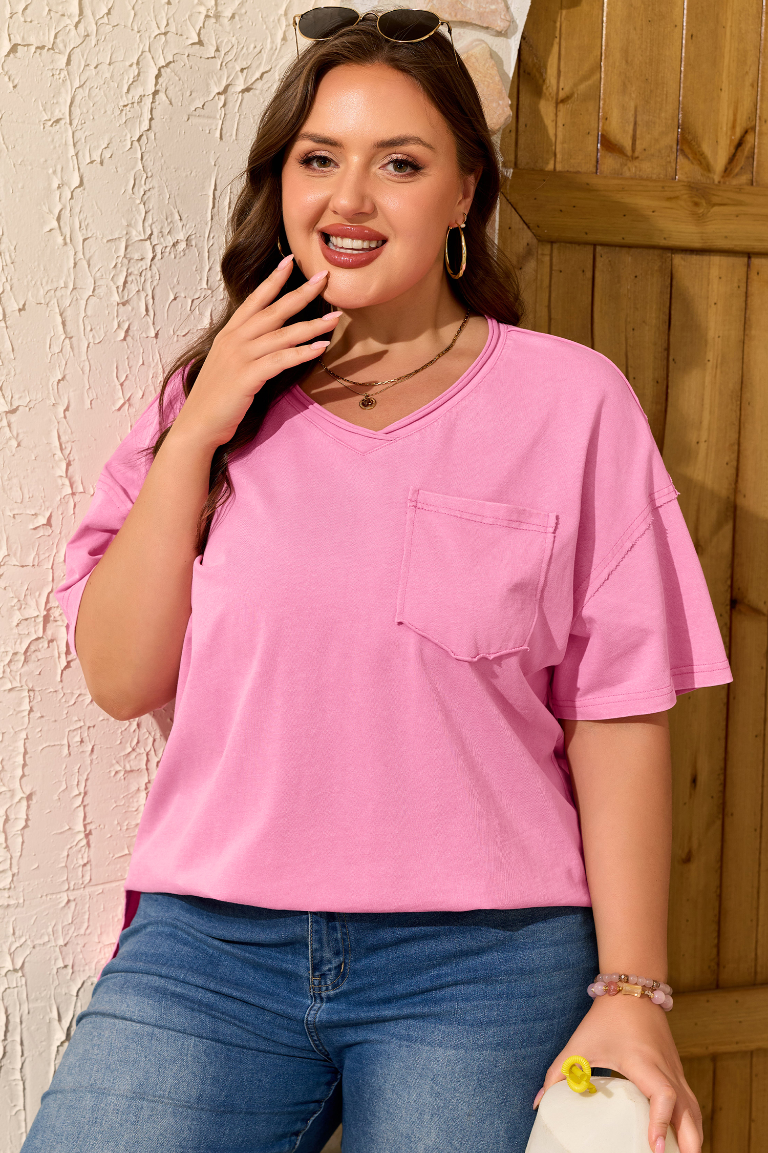 Women's Plus Size Sachet Pink Washed Tee – Casual 100% Cotton V-Neck Short Sleeve Top for Summer Days - Detail View 12