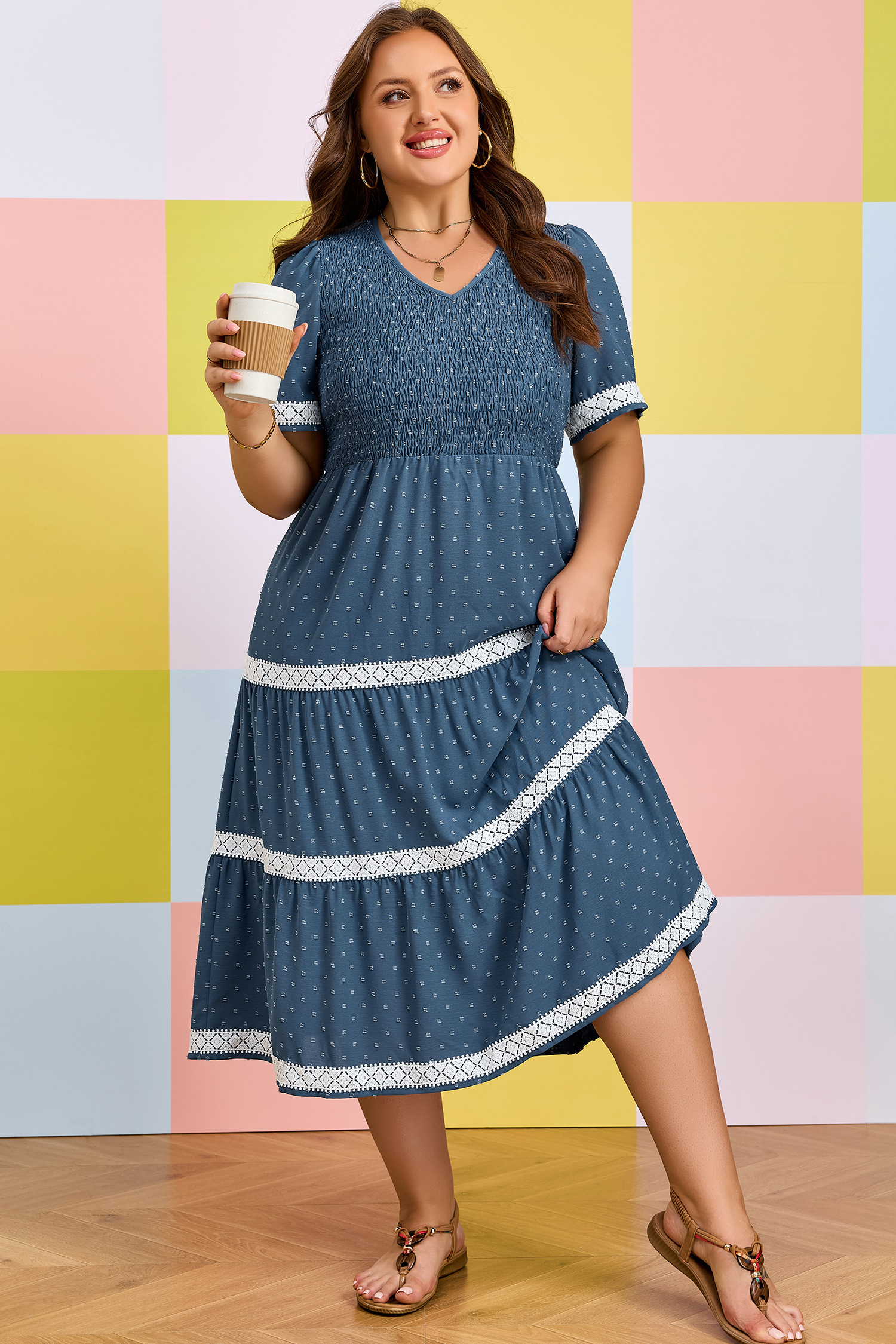 Dusk Blue Casual Midi Dress for Women – Smocked Swiss Dot Lace Patchwork Dress for Summer Vacation - Detail View 12