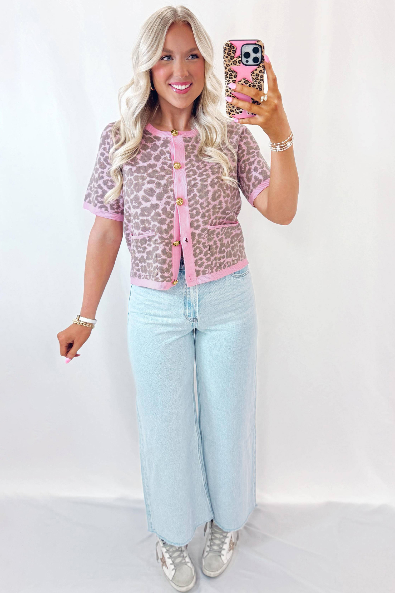Chic Pink Leopard Knit Cardigan – Short Sleeve Summer Sweater for Women, Stylish Gift for Her - Detail View 3