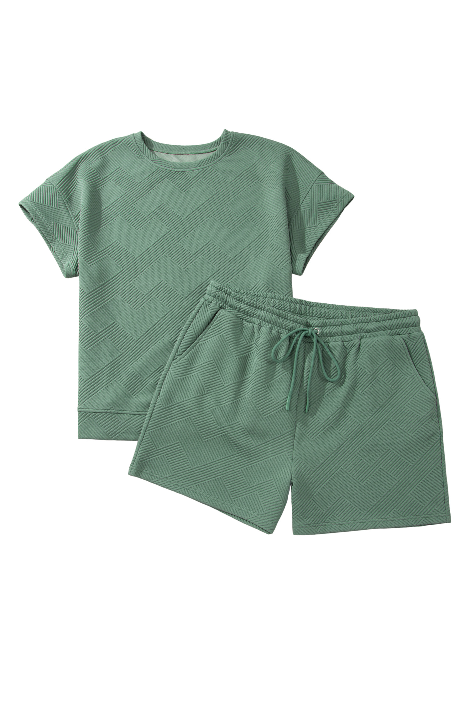 Casual Summer 2-Piece Outfit for Women – Textured Round Neck Tee and High Waist Shorts Set - Detail View 2