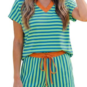 Women's Green Striped V-Neck Short Set – Casual Colorblock Tee and High Waist Shorts - Main View
