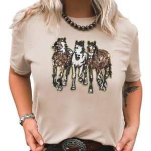 Women's Khaki Sequin Horses Patched Casual Crewneck T-Shirt - Western Graphic Tee - Main View