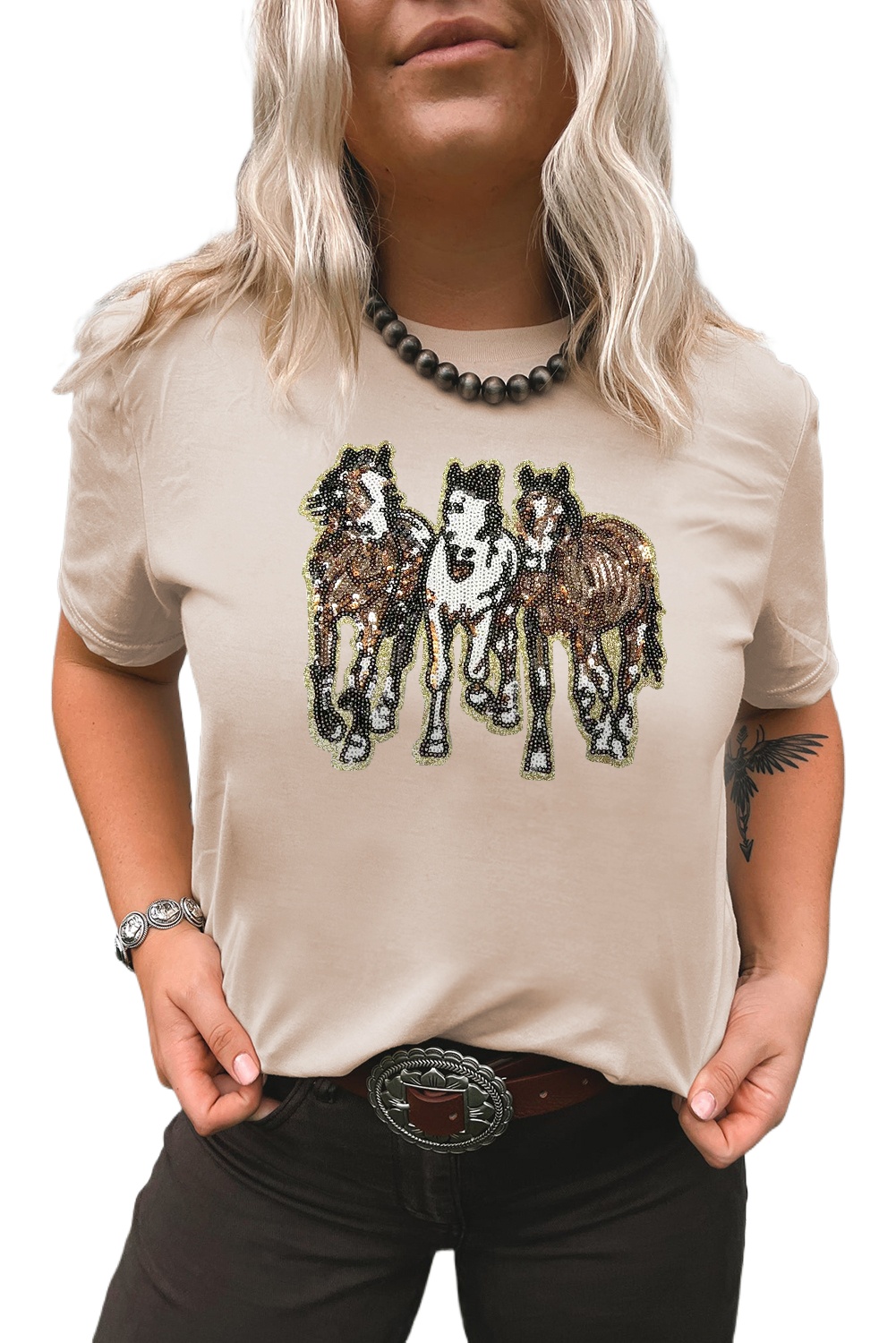 Women's Khaki Sequin Horses Patched Casual Crewneck T-Shirt - Western Graphic Tee - Main View